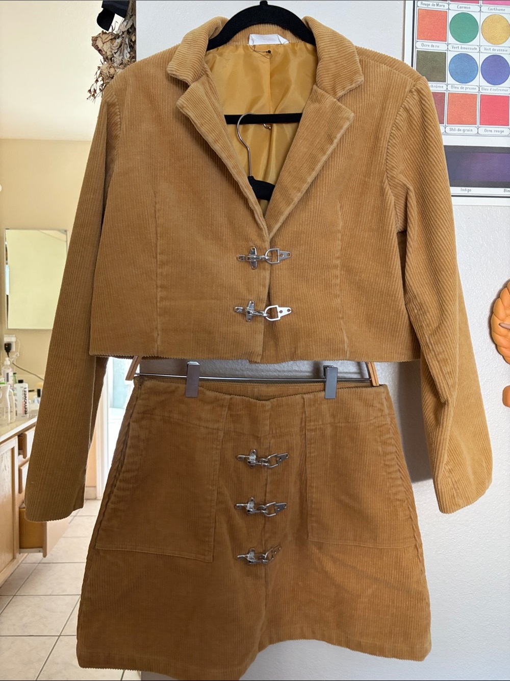 Eggie brand Corduroy Crop Jacket and Matching Skirt in Tan/Mustard